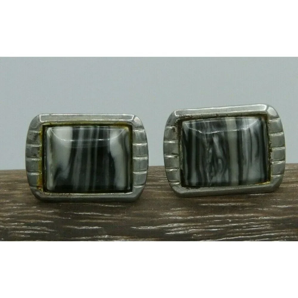 VTG Cuff Links Men's Silver Black White Striated Stone Tone Bullet Back